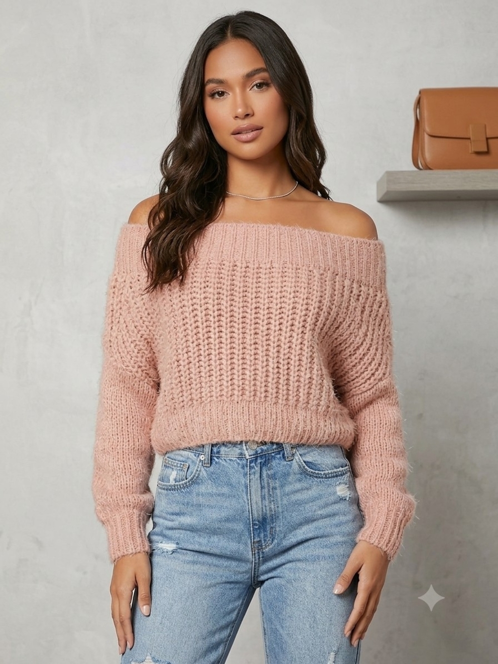 Women's Off-the-Shoulder Chunky Knit Sweater in Dusty Pink